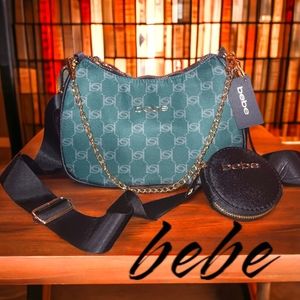 bebe Hunter Green Mara Nylon Logo Crossbody Purse